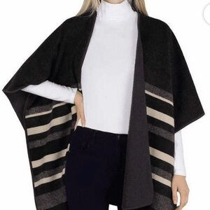 Striped Open Front Poncho - Black & Cream